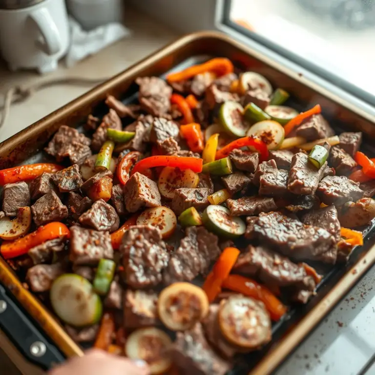 A sheet pan filled with steak, bell peppers, and onions, seasoned with spices
