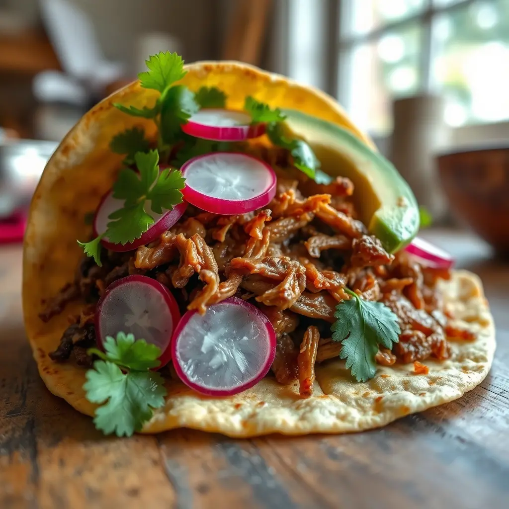 A delicious and juicy carnitas taco with fresh toppings