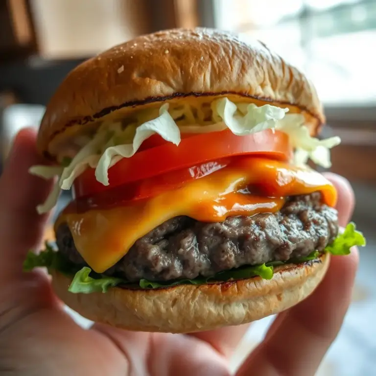 A close-up photo of a smashed burger with melted cheese, tomato, lettuce, and secret sauce on a toasted bun