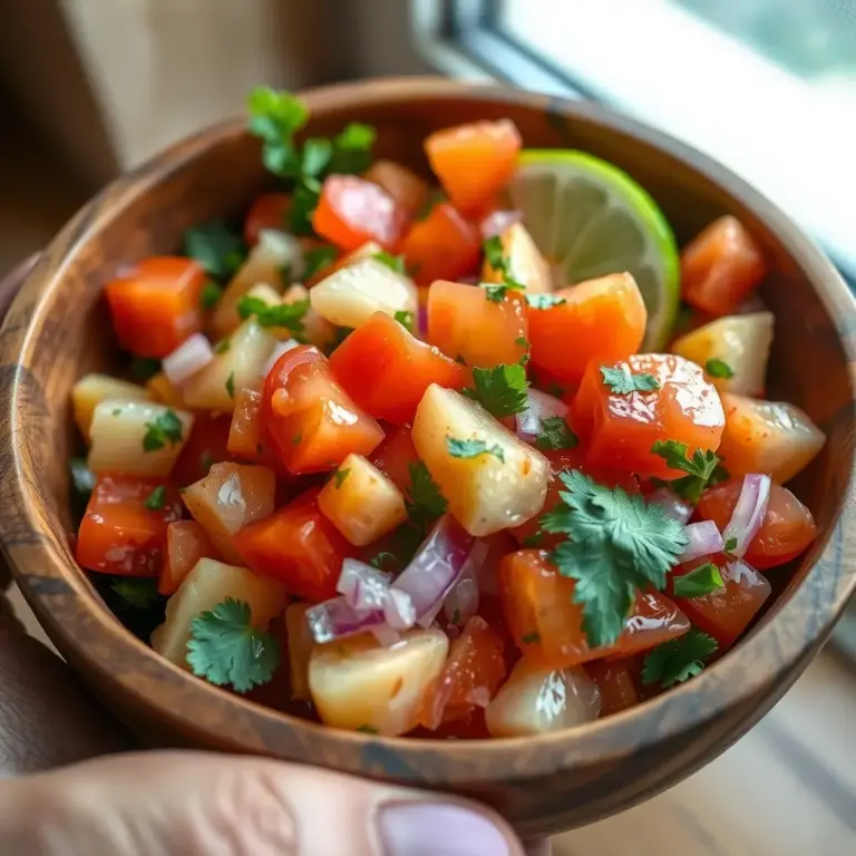 A close-up of a fresh and spicy pico de gallo made with tomatoes, pineapple, red onion, cilantro, and jalapeno