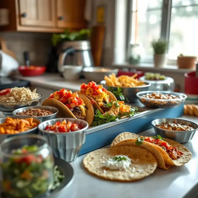 A photo of a taco bar with multiple dishes and toppings